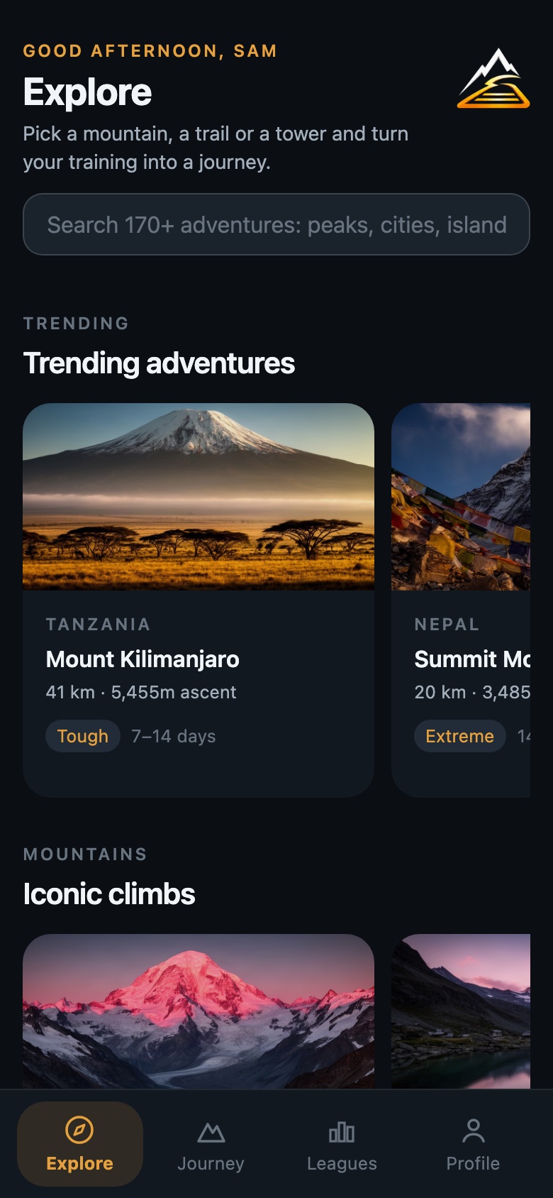 Elore explore screen with trending adventures including Mount Kilimanjaro