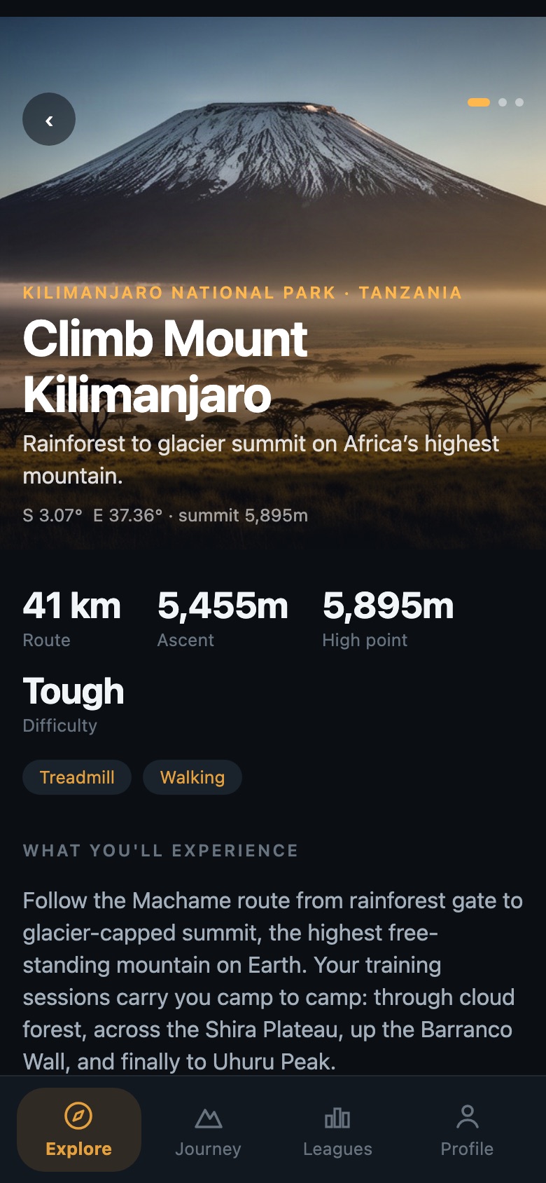 Kilimanjaro expedition page showing 41 km route, 5,455 m ascent and 5,895 m high point