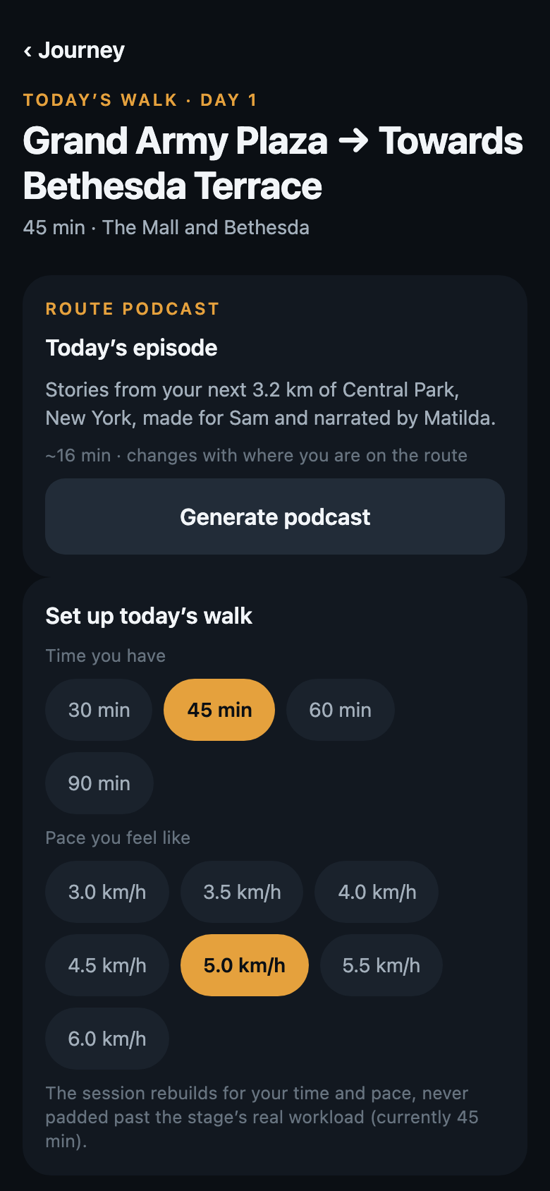 A route podcast episode card for today's session