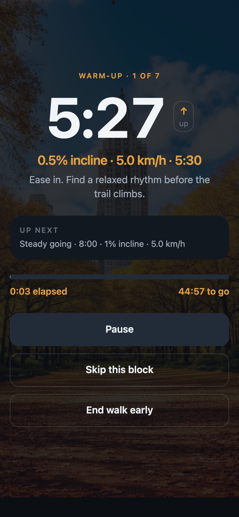 The Elore guided player showing a huge session clock, incline and speed targets